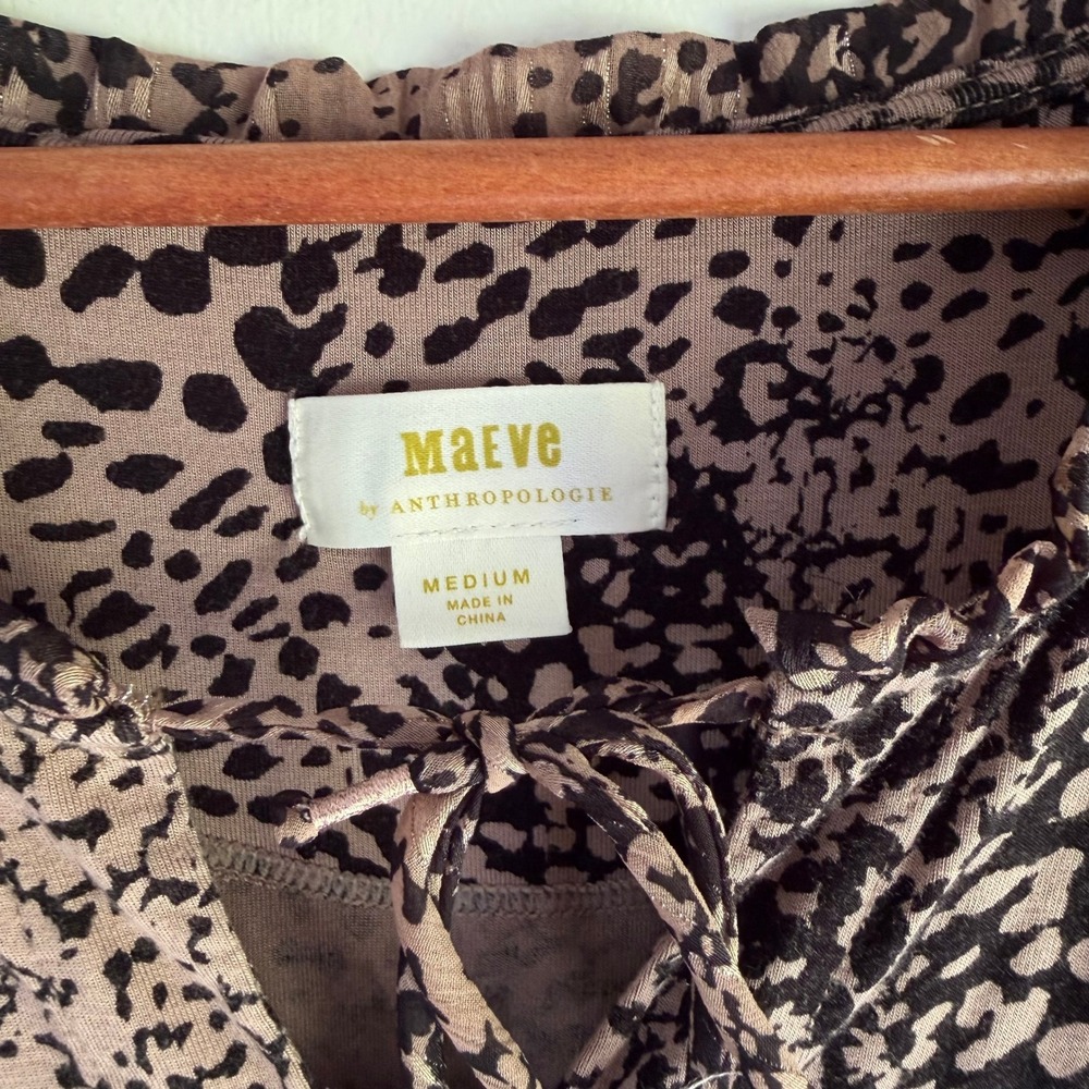 Maeve Anthropologie Animal Print Ruffle Balloon Sleeve Blouse Mauve Black Medium - Picture 4 of 9